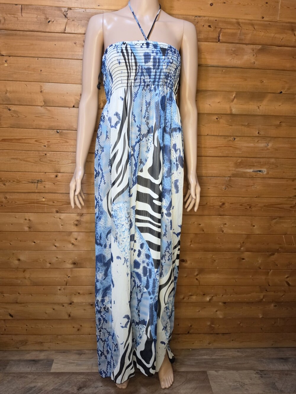 ❤️ NWOT Cefian Blue Animal-Print Halter Flowy Maxi Dress Size L